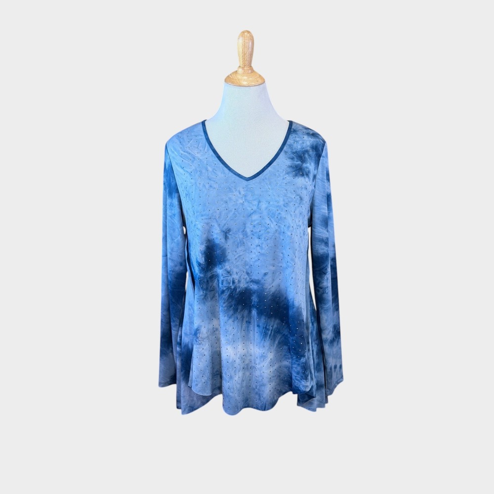 Vocal Blue Tie Dye Rhinestone Embellished Sharkbite Hem Tunic Top XL